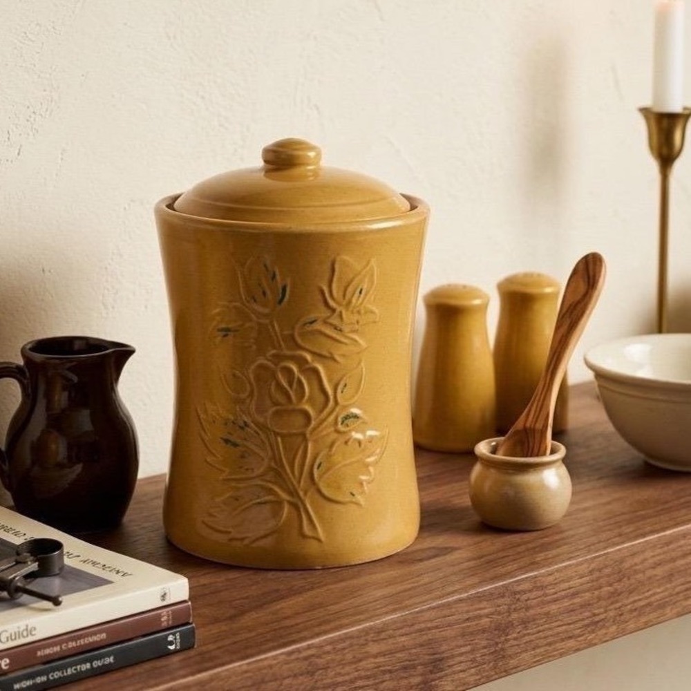 VTG Yellowware‎ Lidded Crock Cookie Jar Stoneware Yellow Embossed Rose Canister